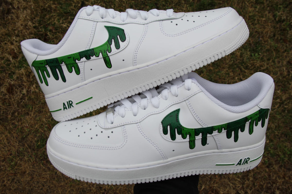 Custom Air Force 1 Shoes: Hand Painted Green Drip Design