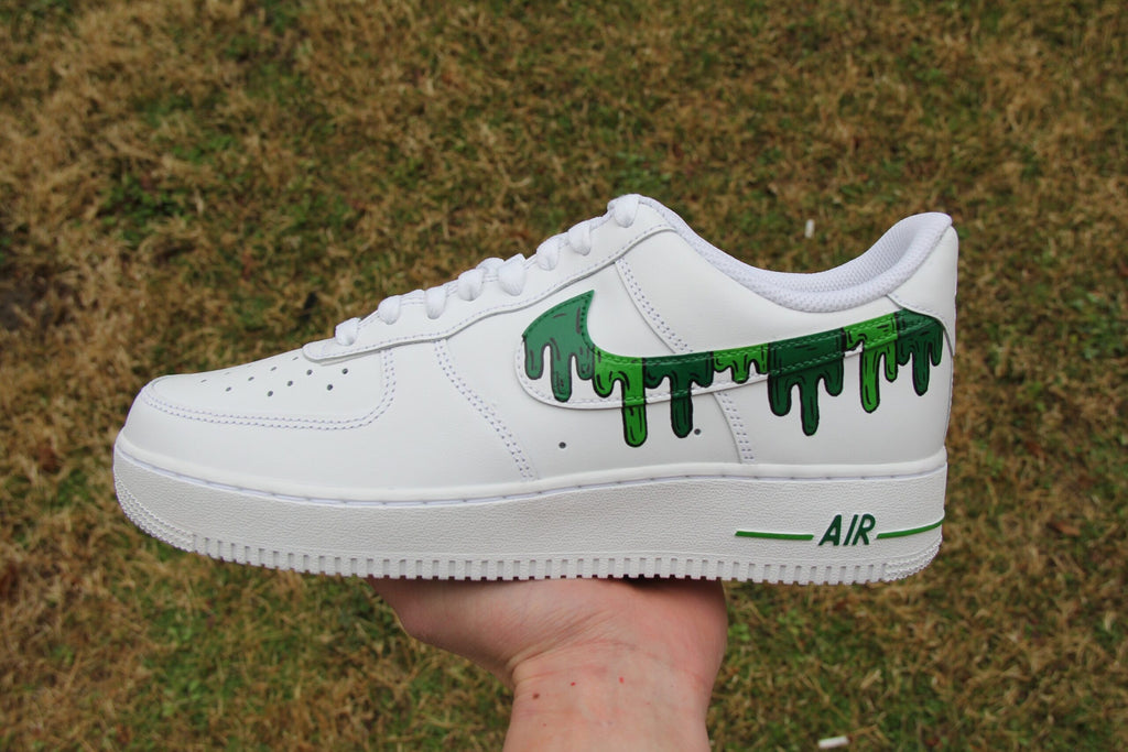 Custom Air Force 1 Shoes: Hand Painted Green Drip Design