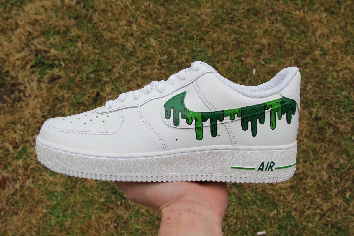 Custom Air Force 1 Shoes: Hand Painted Green Drip Design