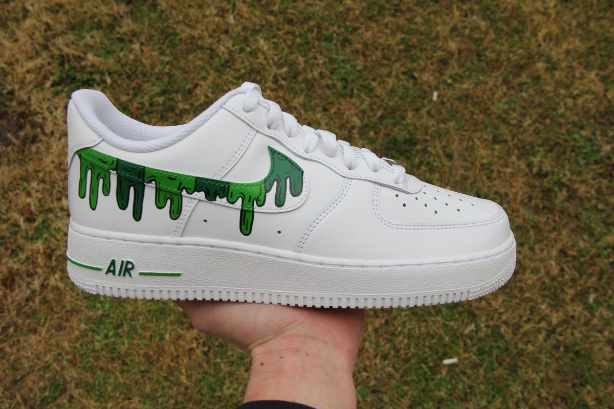Custom Air Force 1 Shoes: Hand Painted Green Drip Design
