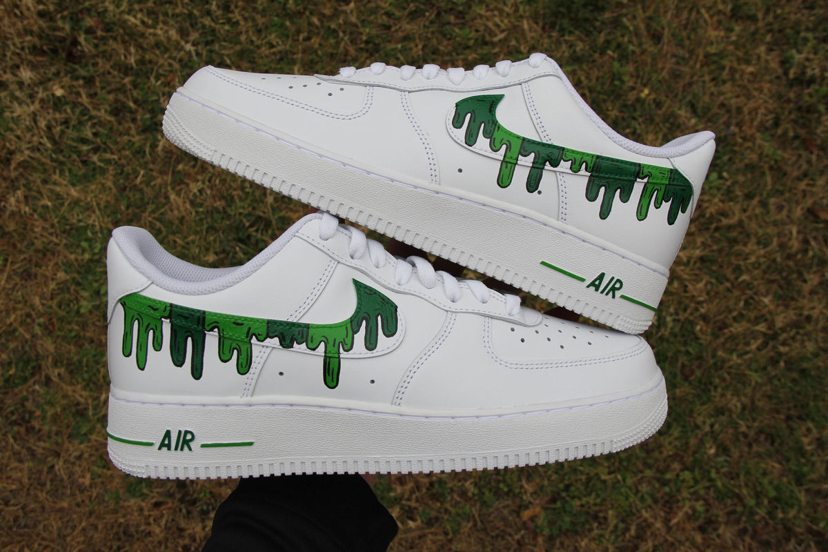 Custom Air Force 1 Shoes: Hand Painted Green Drip Design