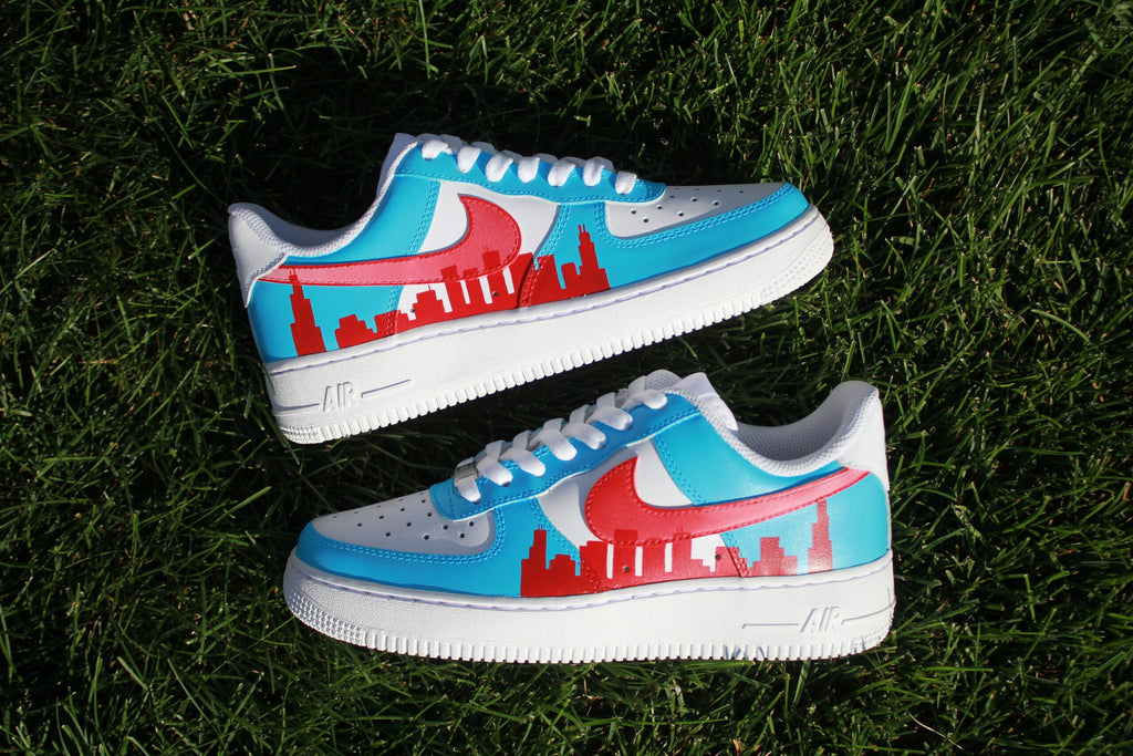 Custom Air Force 1 “Chicago Skyline” // Light Blue Red City Custom Shoes