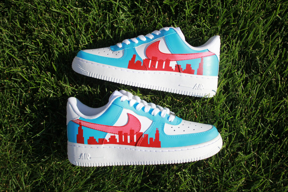 Custom Air Force 1 “Chicago Skyline” // Light Blue Red City Custom Shoes