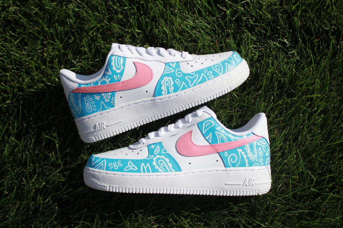 Custom Air Force 1: Hand-Painted Light Blue Bandana Shoes