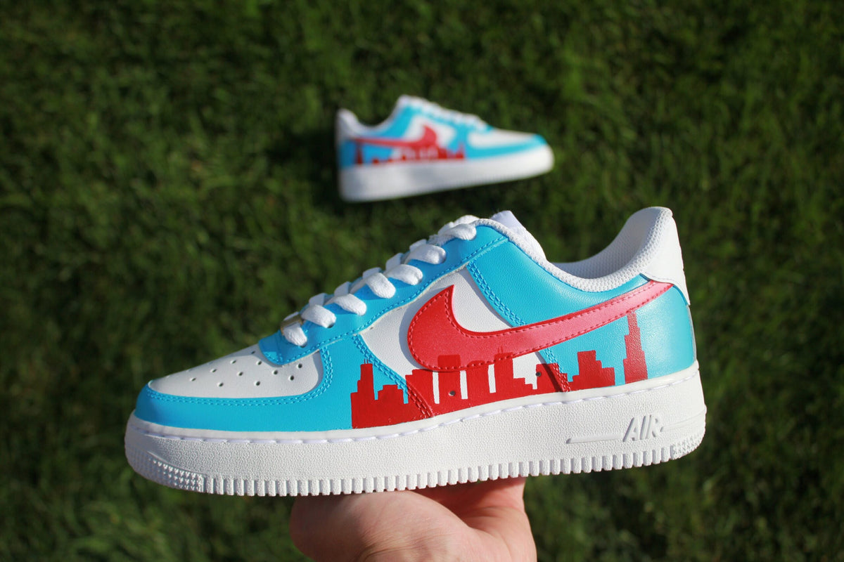 Custom Air Force 1 “Chicago Skyline” // Light Blue Red City Custom Shoes