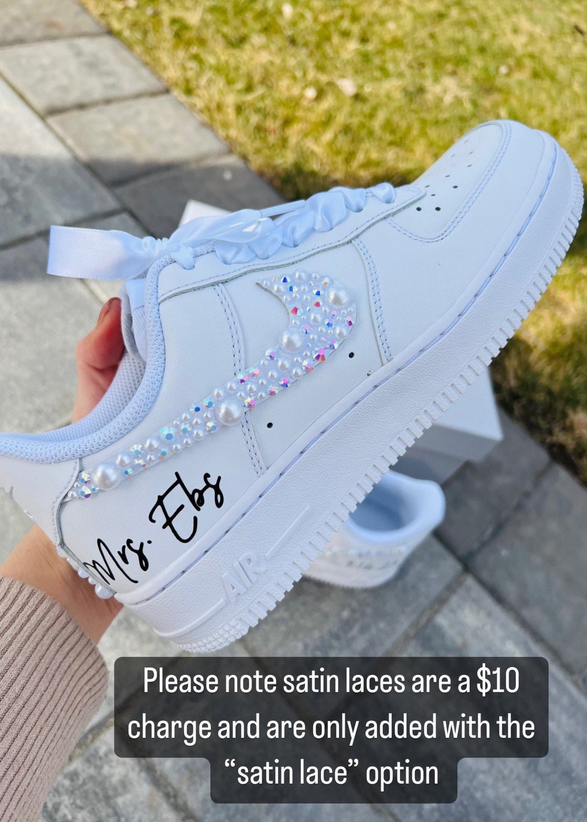 Personalized Bridal Air Force 1 Sneakers White Iridescent Rhinestone & Pearl Wedding Shoes