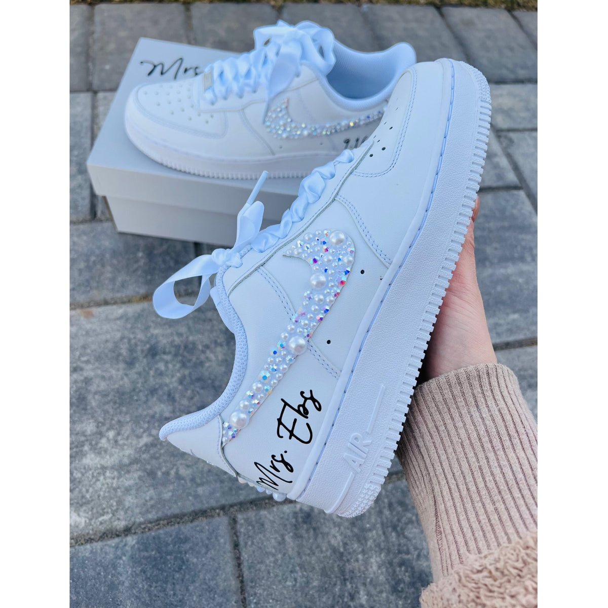 Personalized Bridal Air Force 1 Sneakers White Iridescent Rhinestone & Pearl Wedding Shoes