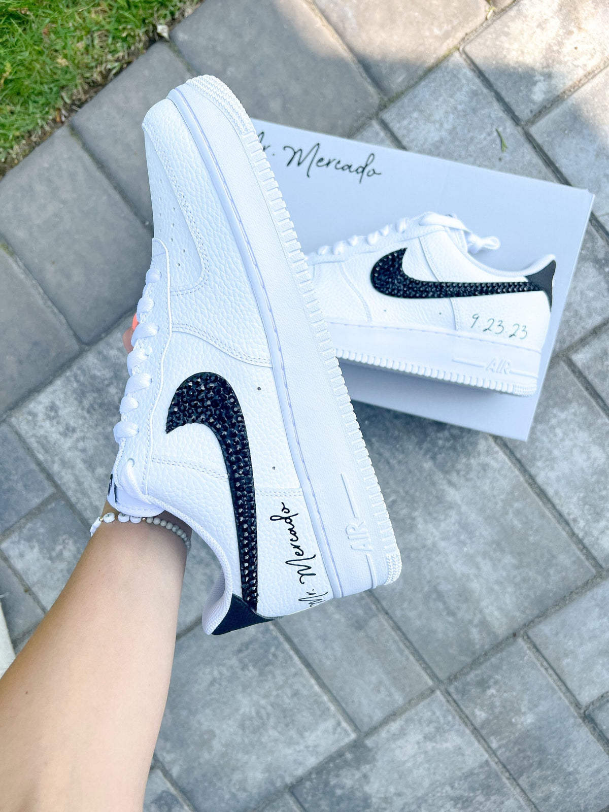 Personalized Wedding Sneakers: Black Rhinestone Air Force 1 for Groom