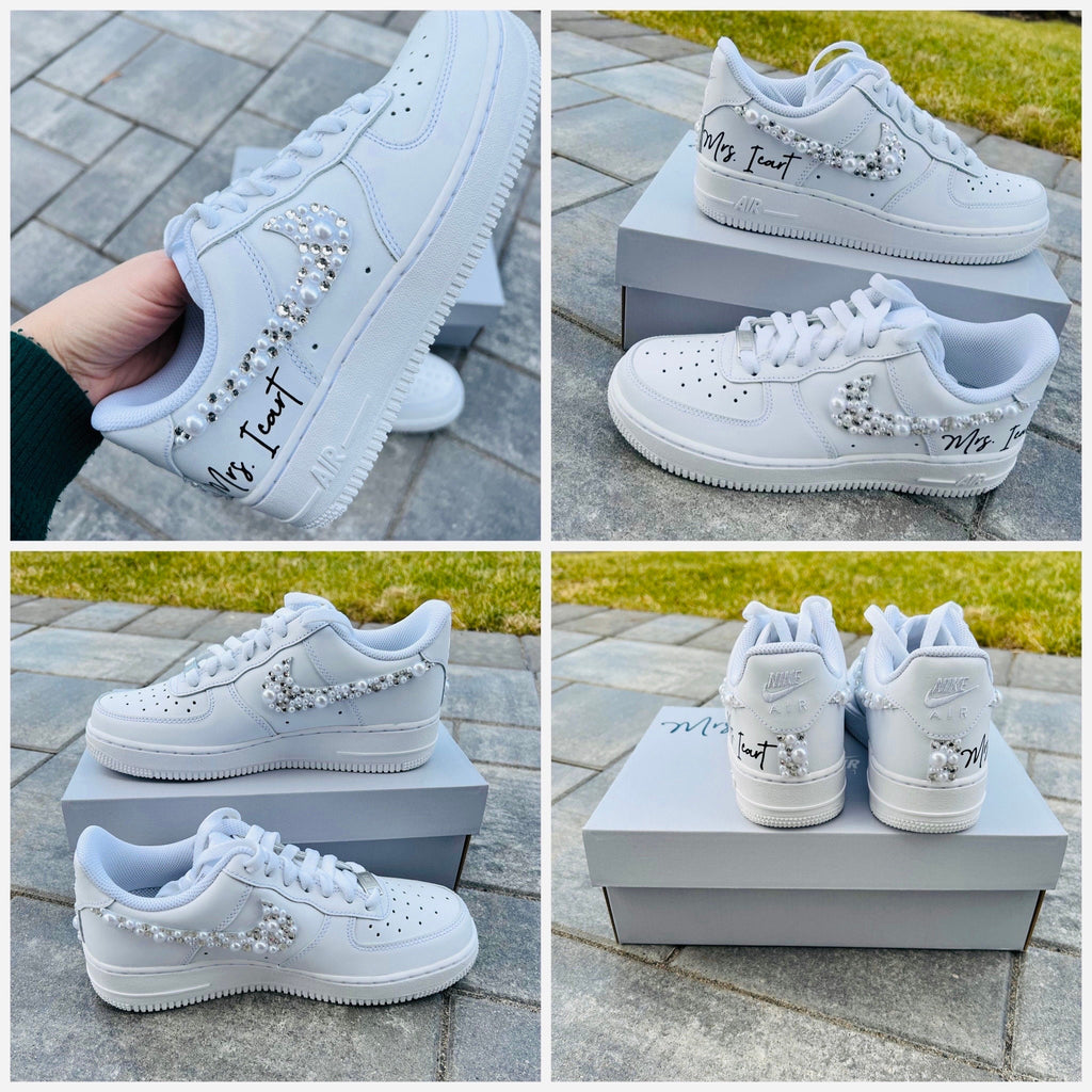 Personalized Bridal Air Force 1 Wedding Sneakers: Rhinestone & Pearl