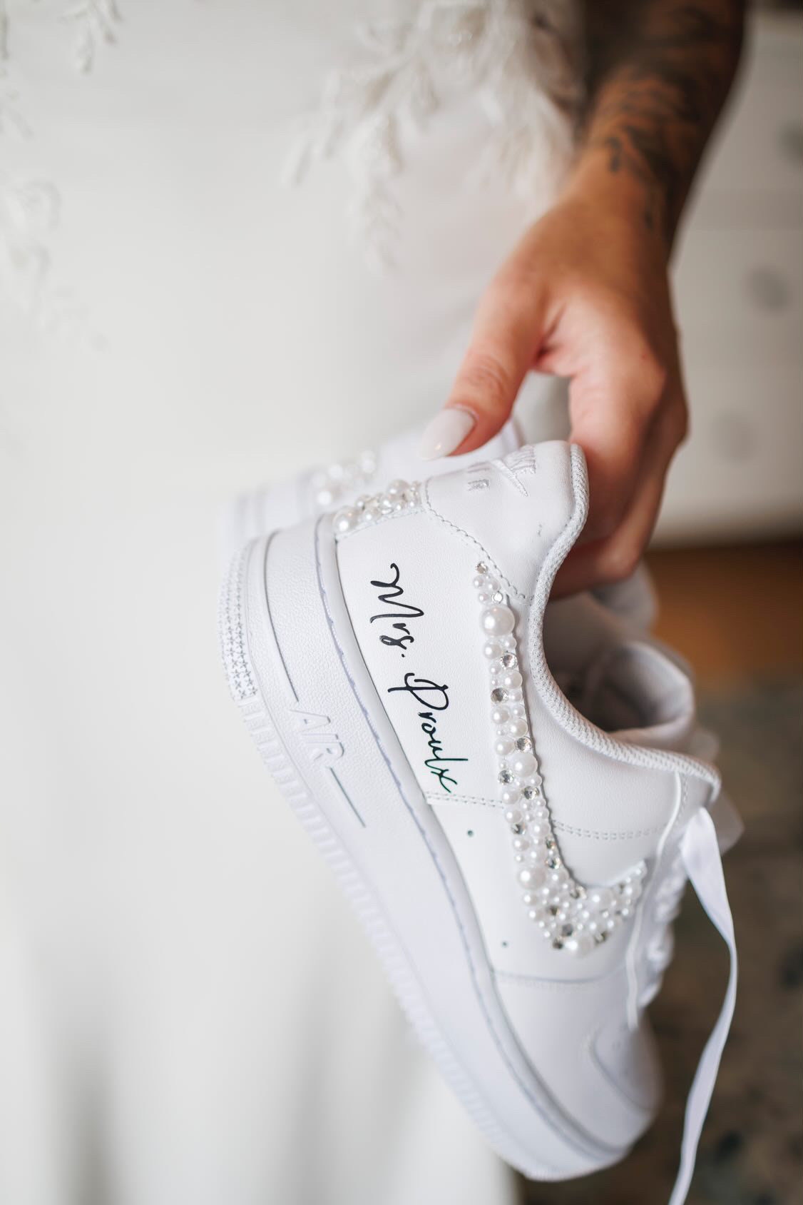 Personalized Bridal Air Force 1 Wedding Sneakers: Rhinestone & Pearl