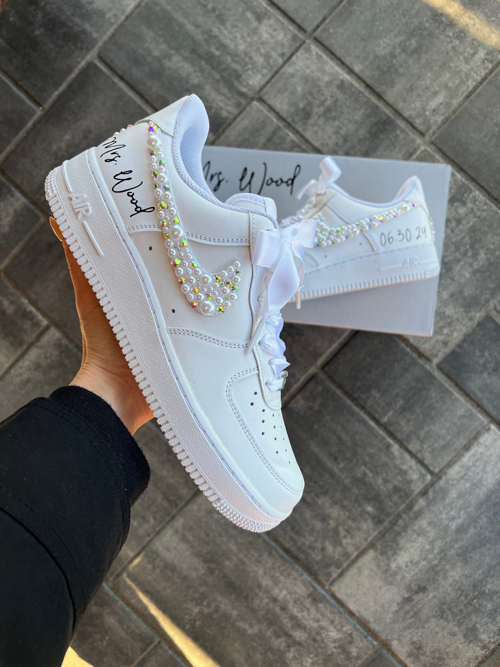 Personalized Bridal Air Force 1 Sneakers: AB Crystal Rhinestone Pearl Wedding Shoes