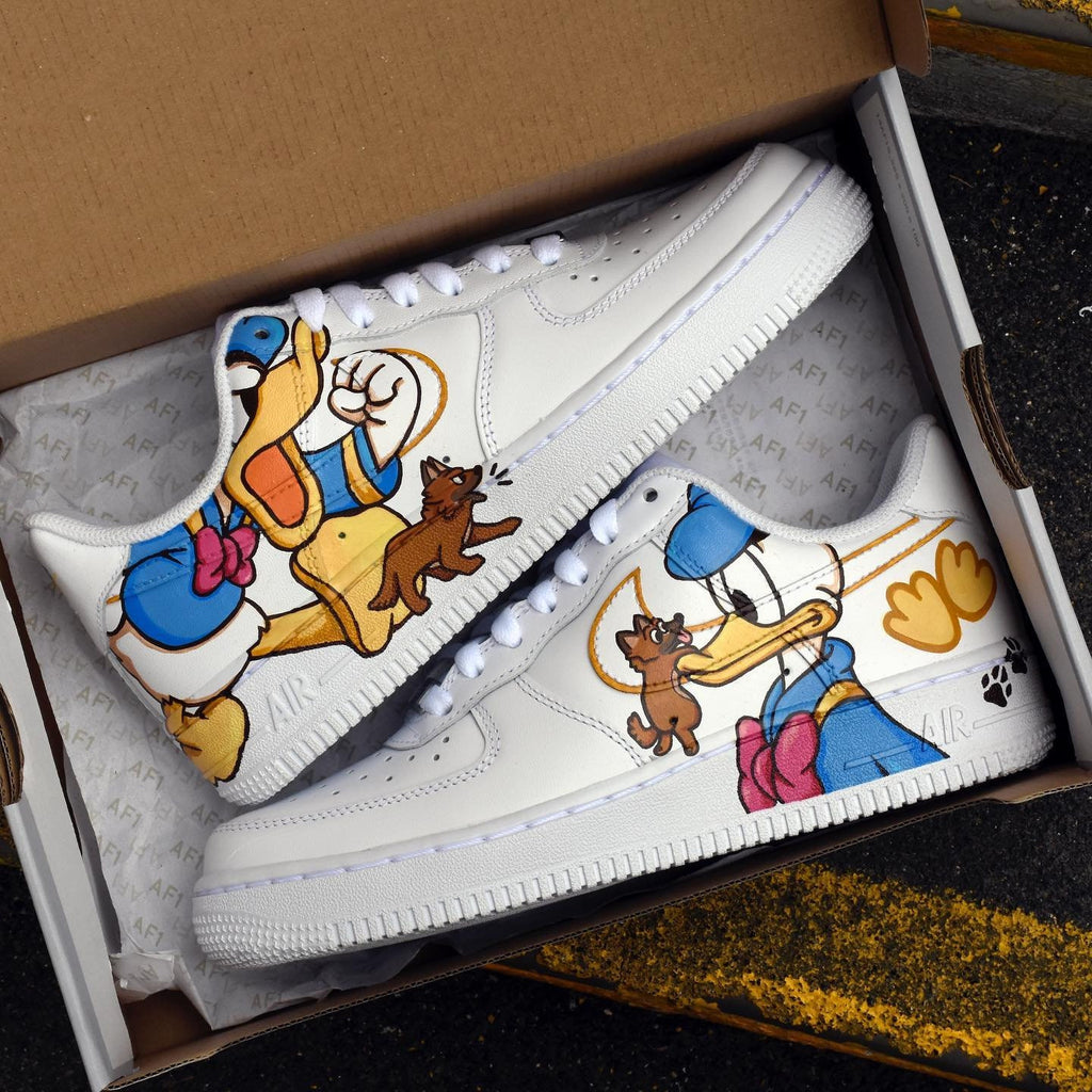 Hand Painted Donald Duck Air Force 1 Sneakers: Custom Cartoon Shoes AF1 white personalized gift design shoes wedding fashion trainers
