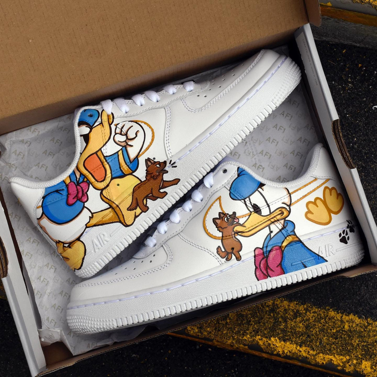 Hand Painted Donald Duck Air Force 1 Sneakers: Custom Cartoon Shoes AF1 white personalized gift design shoes wedding fashion trainers