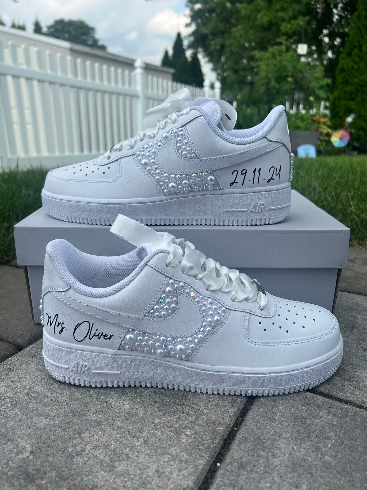 Personalized Bridal Air Force 1 Sneakers White iridescent Rhinestone & white Pearl Wedding Shoes