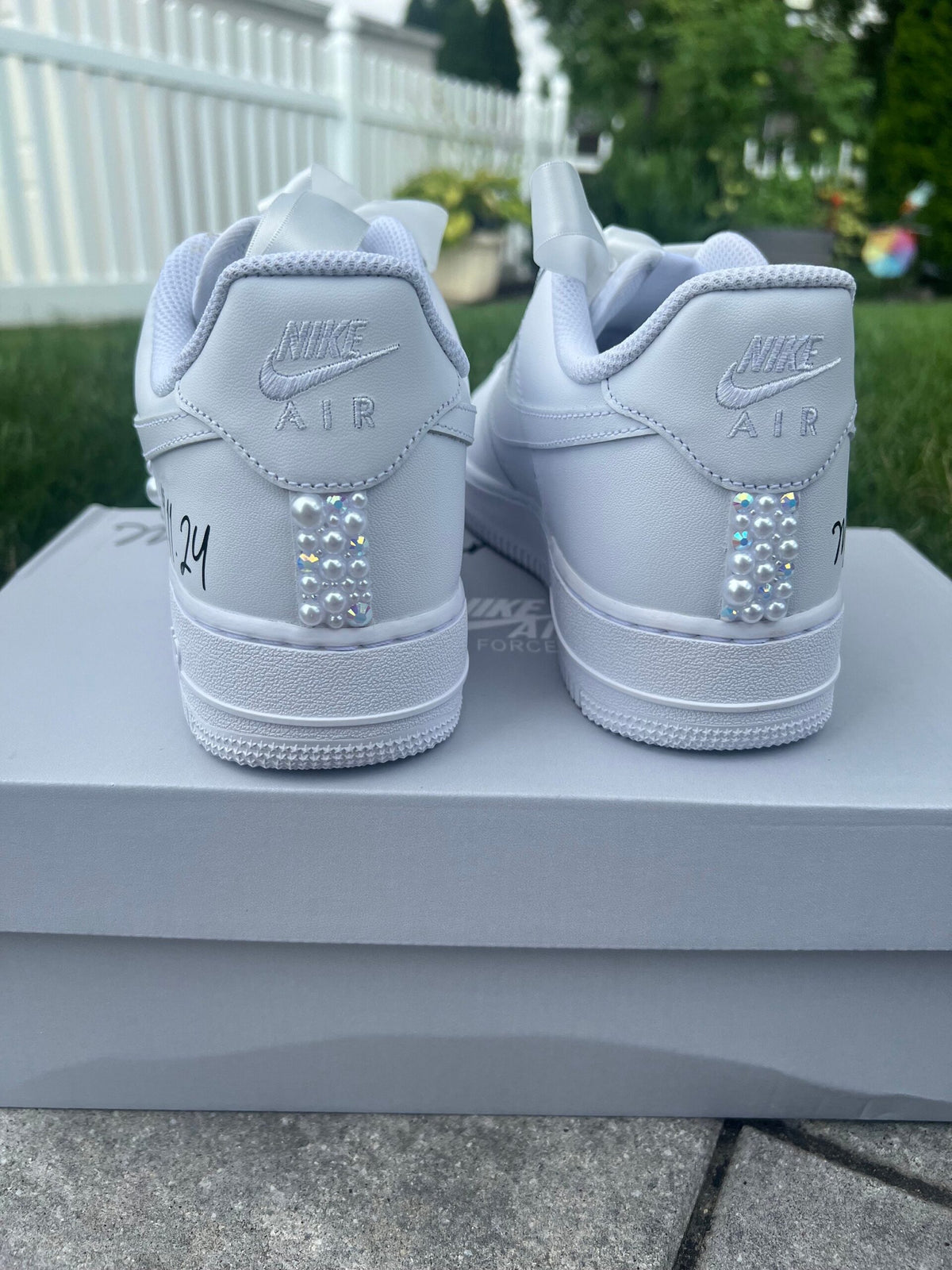Personalized Bridal Air Force 1 Sneakers White iridescent Rhinestone & white Pearl Wedding Shoes