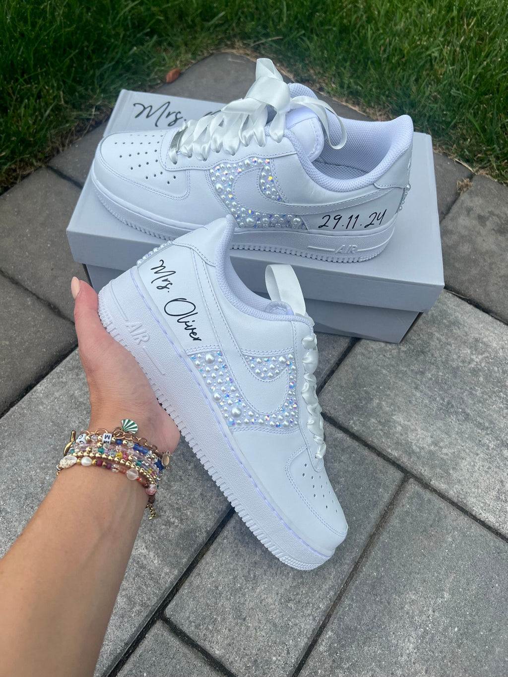 Personalized Bridal Air Force 1 Sneakers White iridescent Rhinestone & white Pearl Wedding Shoes