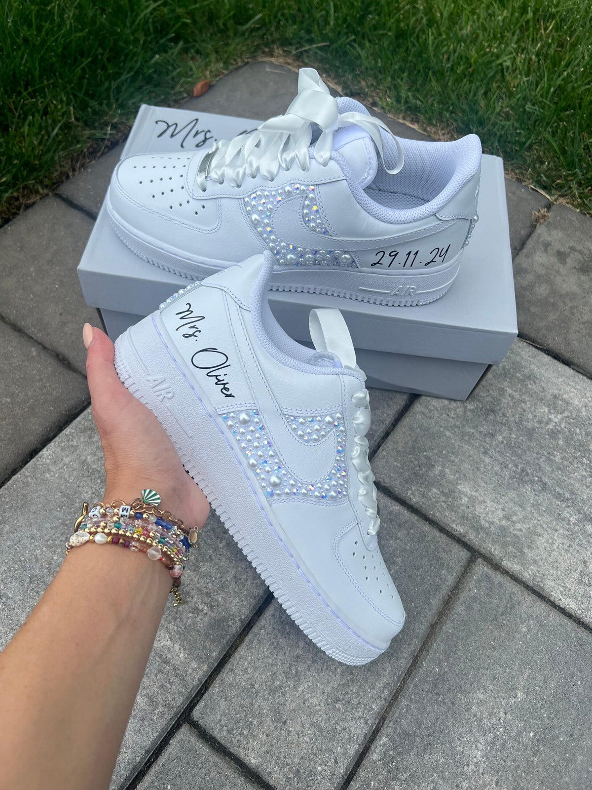 Personalized Bridal Air Force 1 Sneakers White iridescent Rhinestone & white Pearl Wedding Shoes