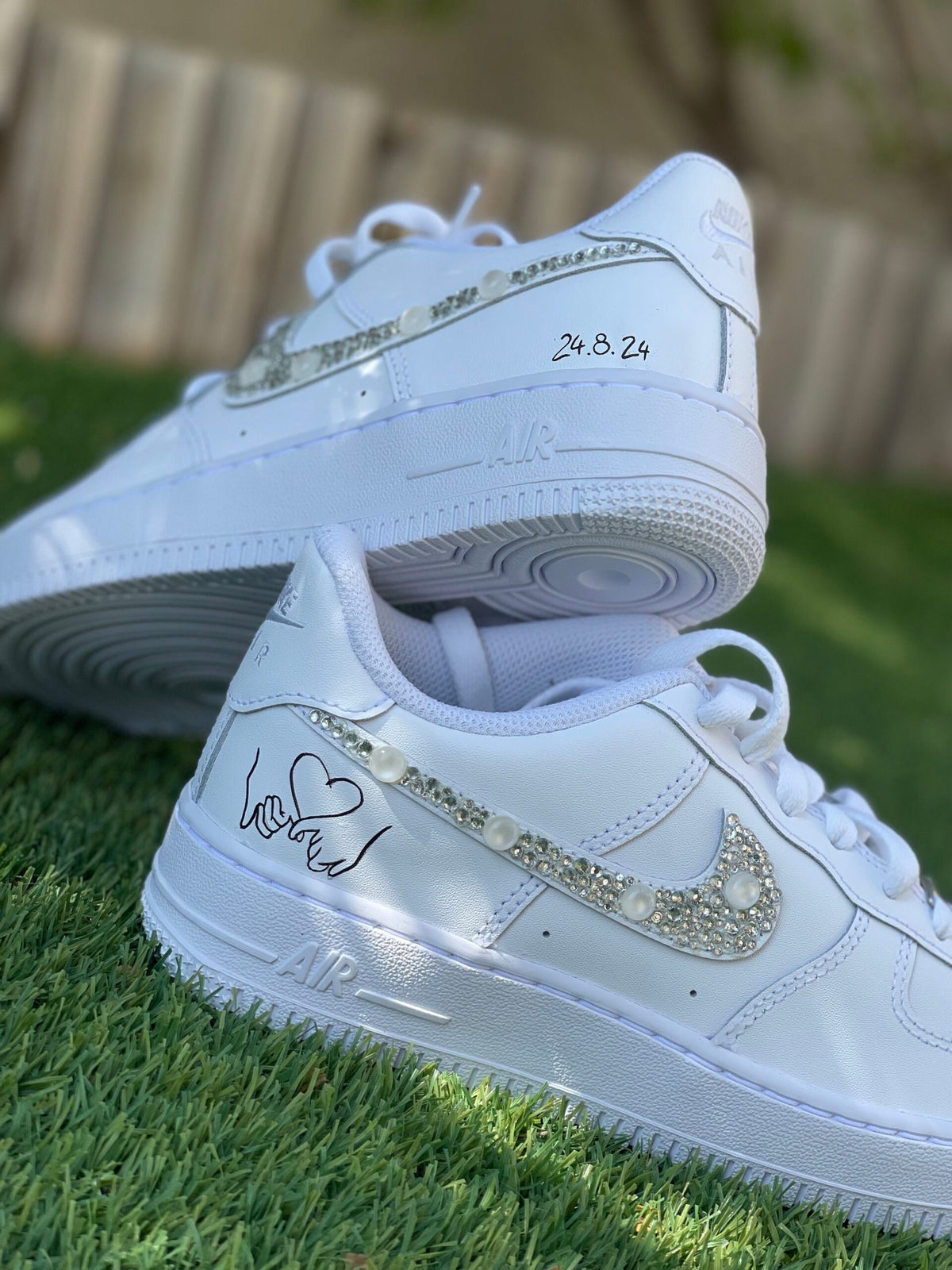 Custom Wedding Nike Air Force 1 Sneakers, Hand-Painted Pearl & Diamond