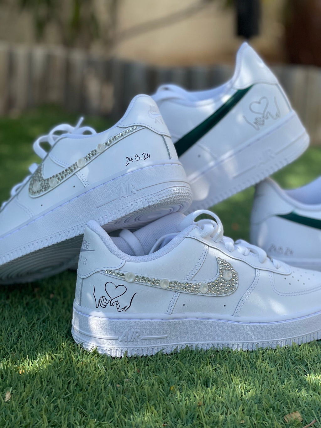 Custom Wedding Nike Air Force 1 Sneakers, Hand-Painted Pearl & Diamond