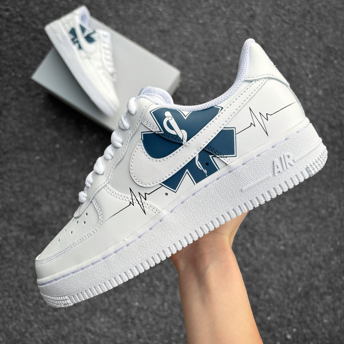 Custom Nike Air Force 1 Medical and Healthcare – Custom Sneaker Medical – Hand-Painted AF1 – Aesculapian Rod & Heartline – Gift for Doctor