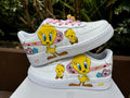 Hand Painted Air Force 1 Sneakers: Tweety Bird Cartoon Shoes AF1 white personalized gift design wedding fashion trainers anime shoes