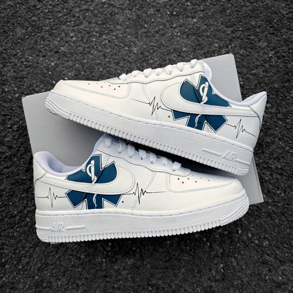 Custom Nike Air Force 1 Medical and Healthcare – Custom Sneaker Medical – Hand-Painted AF1 – Aesculapian Rod & Heartline – Gift for Doctor