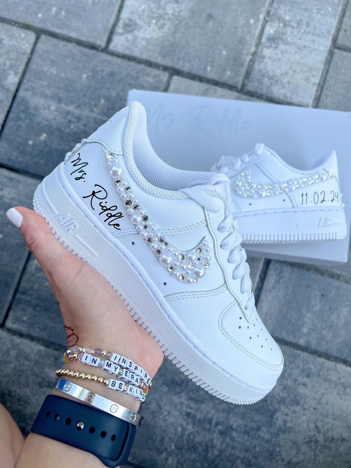Personalized Bridal Air Force 1 Wedding Sneakers: Rhinestone & Pearl