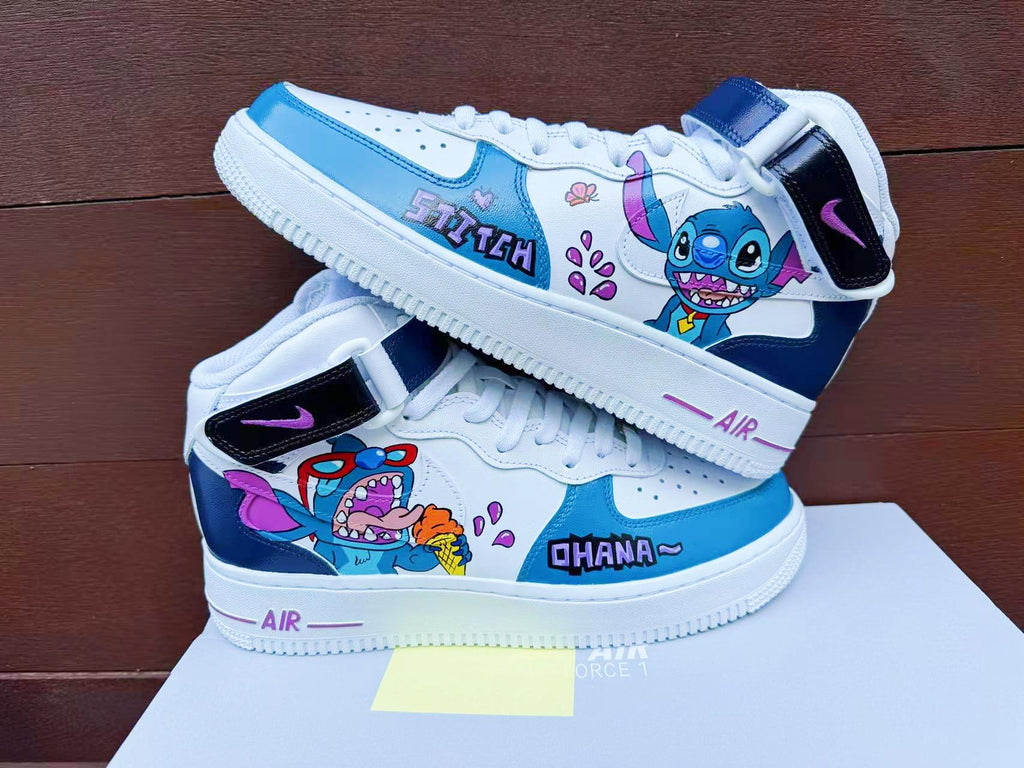 Hand Painted Stitch Air Force 1 Mid Sneakers: Custom Anime Shoes AF1 white personalized gift design wedding fashion trainers
