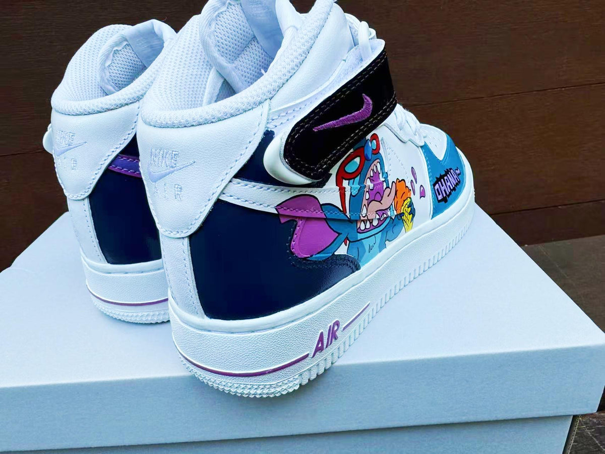 Hand Painted Stitch Air Force 1 Mid Sneakers: Custom Anime Shoes AF1 white personalized gift design wedding fashion trainers