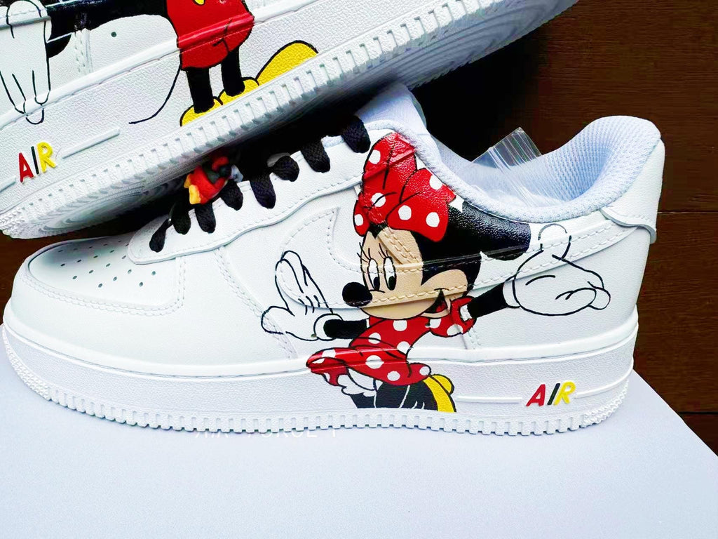 Hand Painted Air Force 1 Sneakers: Mickey Minnie Mouse Cartoon Shoes AF1 white personalized gift design wedding fashion trainers anime shoe