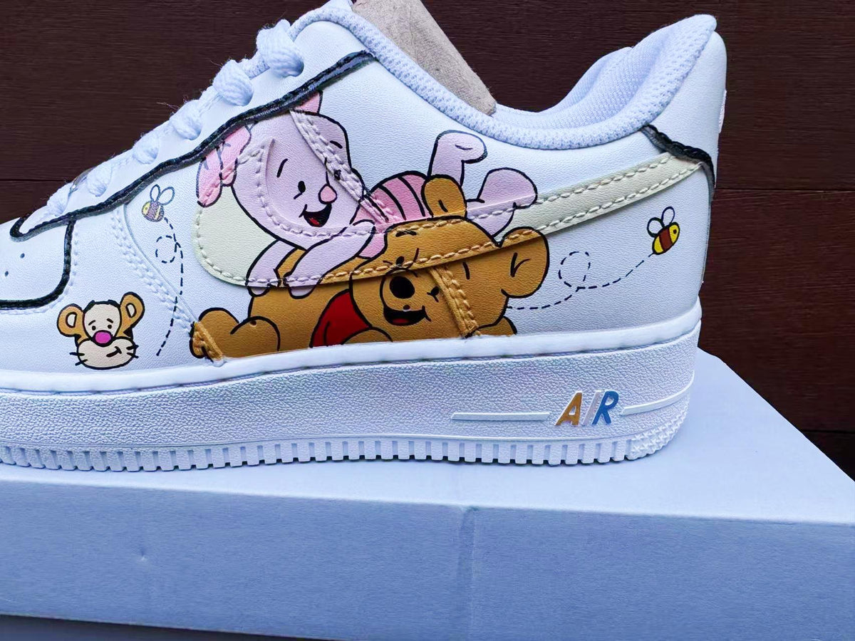 Hand Painted Air Force 1 Sneakers: Winnie the Pooh Cartoon Shoes AF1 white personalized gift design wedding fashion trainers anime shoes