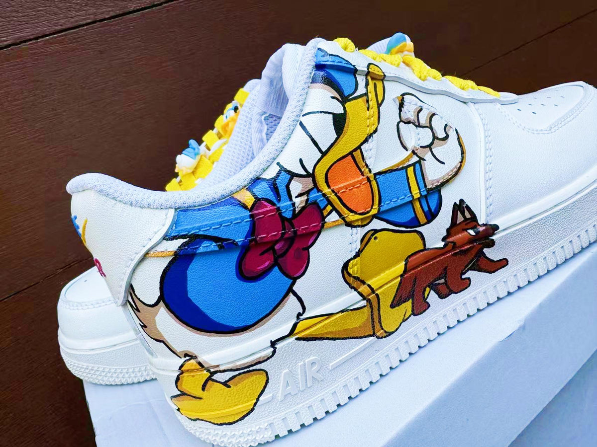 Hand Painted Donald Duck Air Force 1 Sneakers: Custom Cartoon Shoes AF1 white personalized gift design shoes wedding fashion trainers