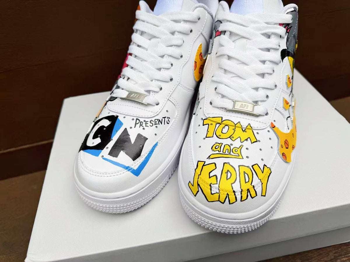 Hand Painted Custom Air Force 1 Sneakers: Tom Jerry Cartoon Shoes AF1 wedding fashion trainers personalized gift design white