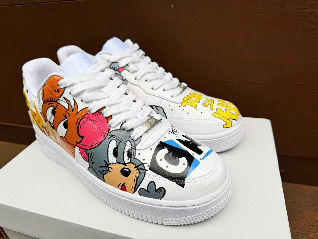 Hand Painted Custom Air Force 1 Sneakers: Tom Jerry Cartoon Shoes AF1 wedding fashion trainers personalized gift design white