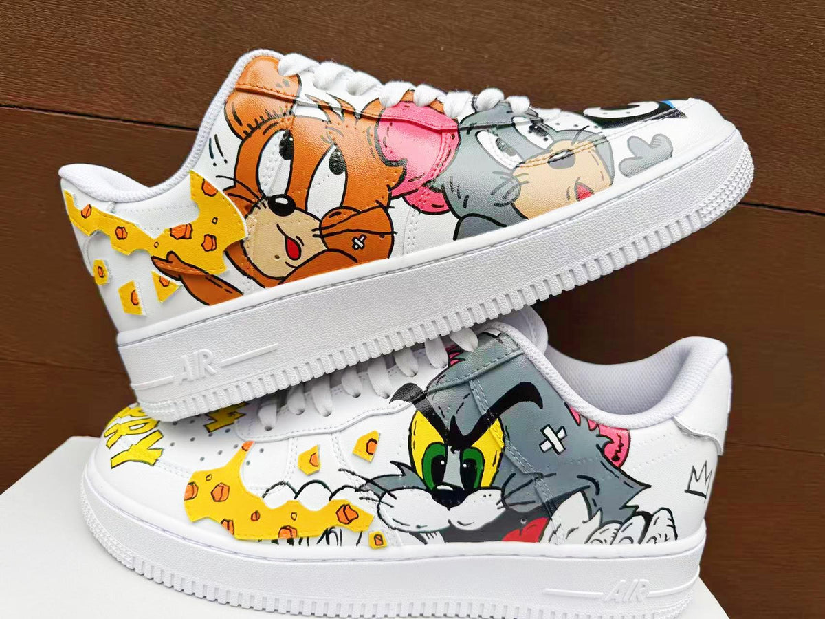 Hand Painted Custom Air Force 1 Sneakers: Tom Jerry Cartoon Shoes AF1 wedding fashion trainers personalized gift design white