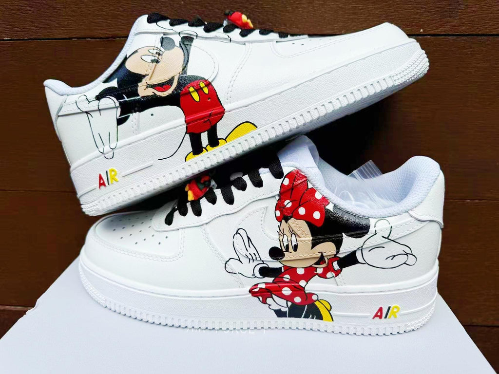 Hand Painted Air Force 1 Sneakers: Mickey Minnie Mouse Cartoon Shoes AF1 white personalized gift design wedding fashion trainers anime shoe