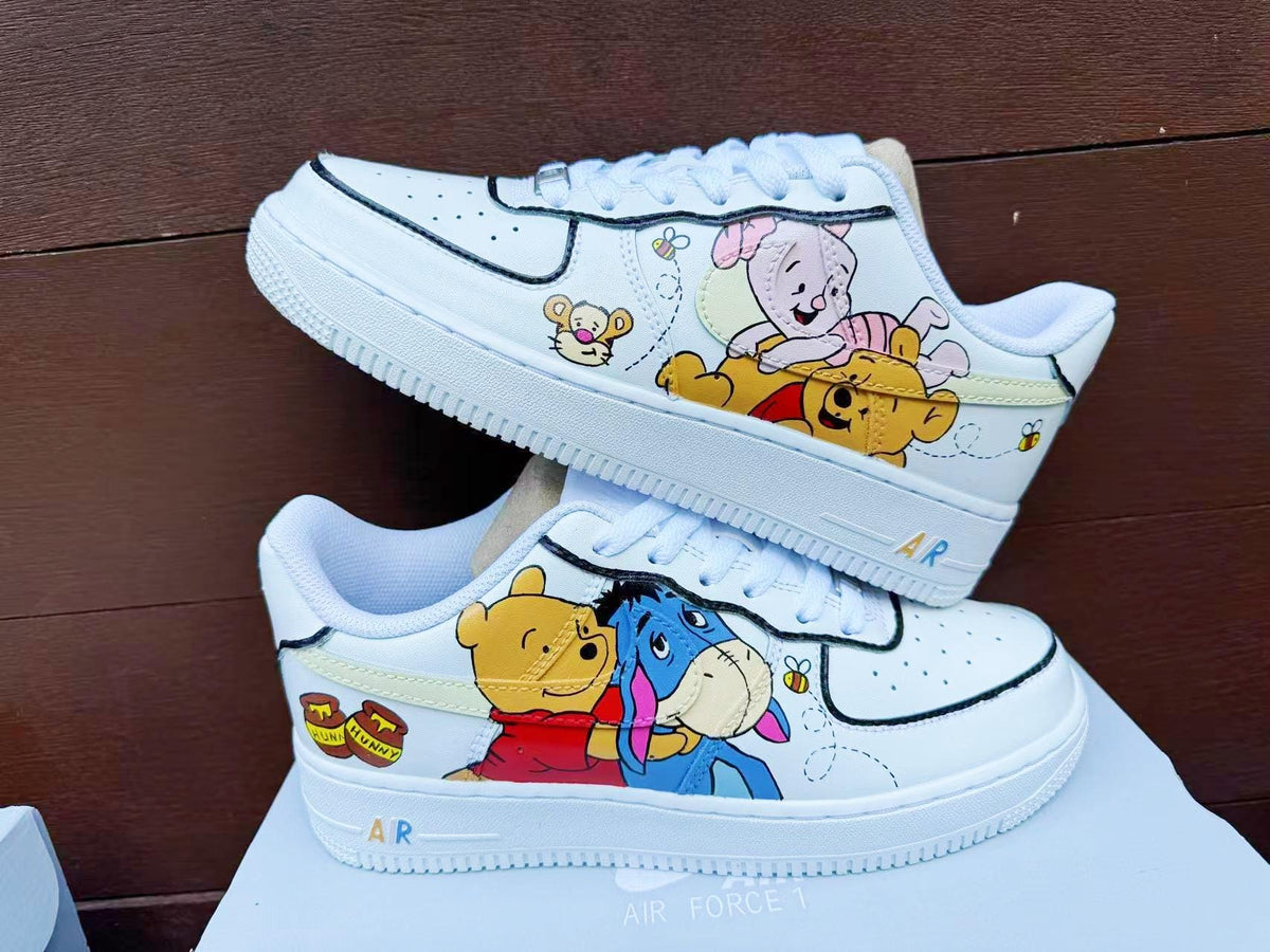 Hand Painted Air Force 1 Sneakers: Winnie the Pooh Cartoon Shoes AF1 white personalized gift design wedding fashion trainers anime shoes