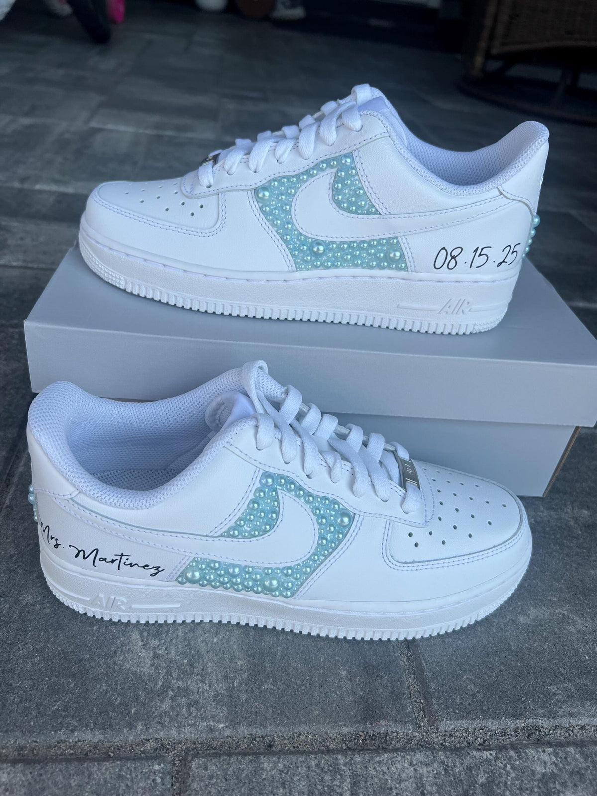Personalized Bridal Air Force 1 Sneakers: Blue Pearl Wedding Shoes