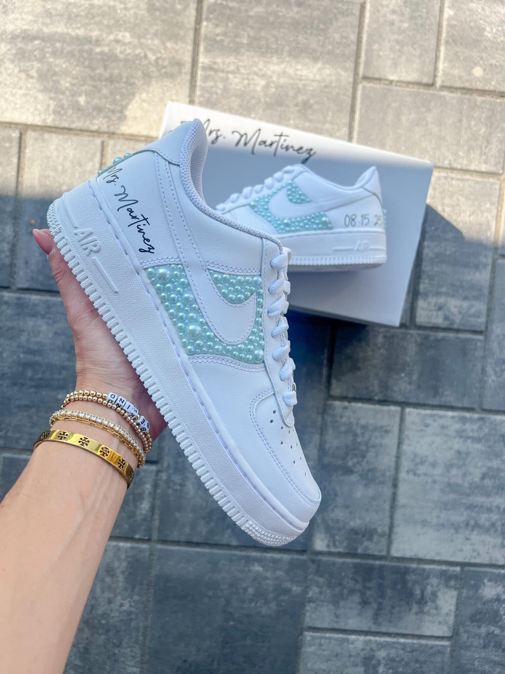Personalized Bridal Air Force 1 Sneakers: Blue Pearl Wedding Shoes