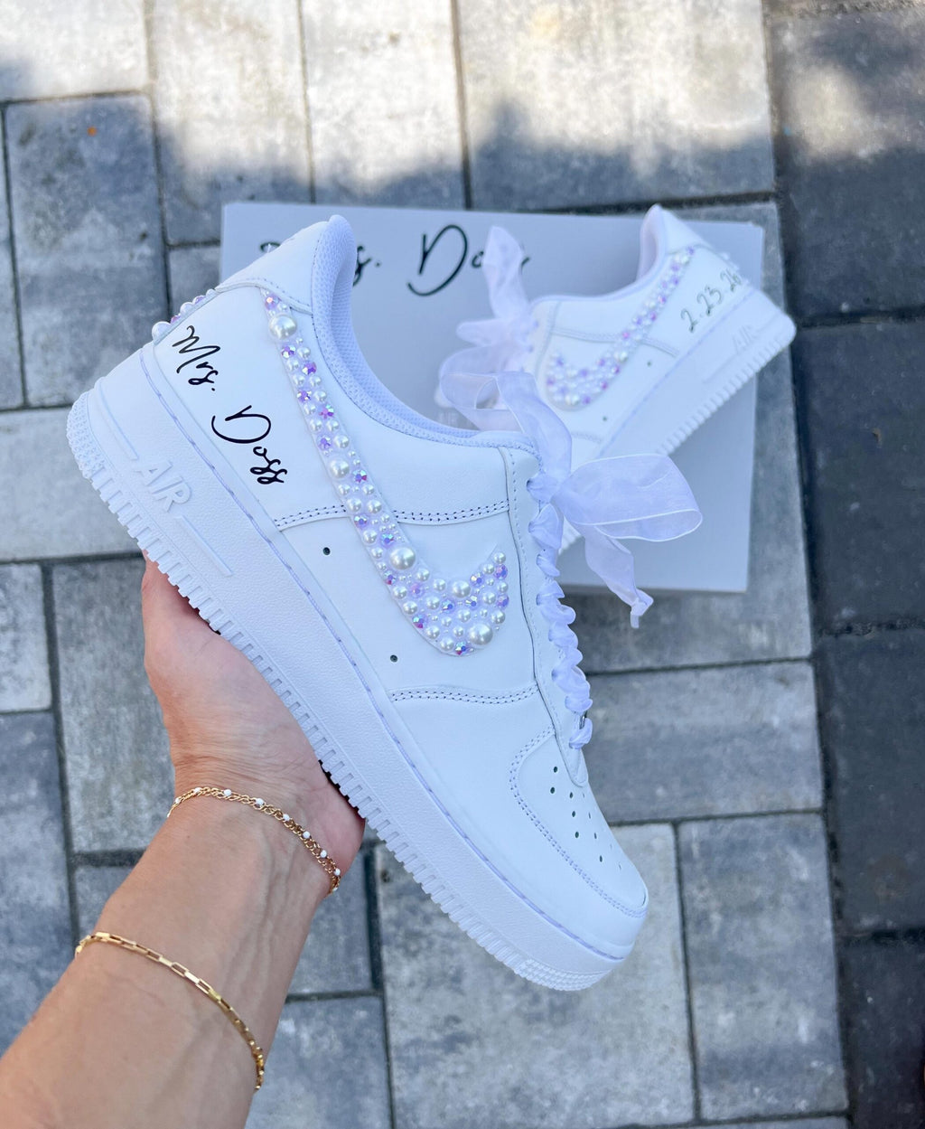 Personalized Bridal Air Force 1 Sneakers: Purple Rhinestone & Pearl Wedding Shoes