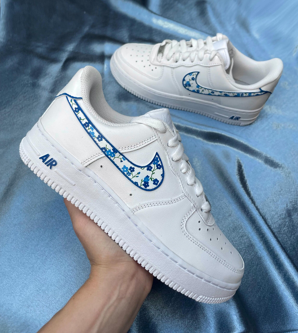 Custom Blue Flowers Nike Air Force 1 Sneakers | Hand-Painted