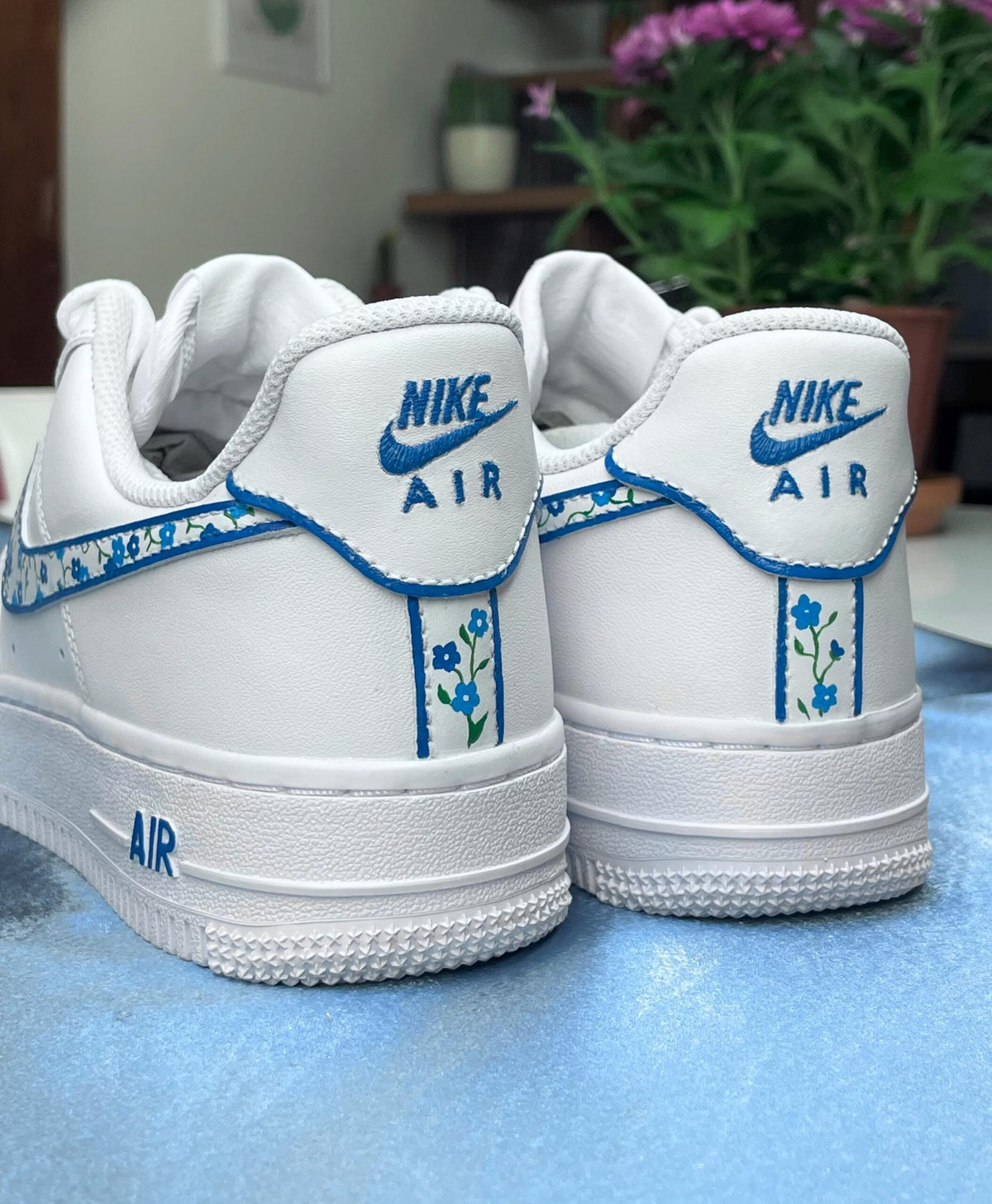 Custom Blue Flowers Nike Air Force 1 Sneakers | Hand-Painted