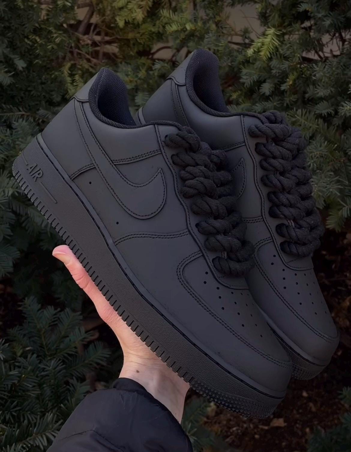 Custom Matte Black Air Force 1 with Thick Black Rope Laces