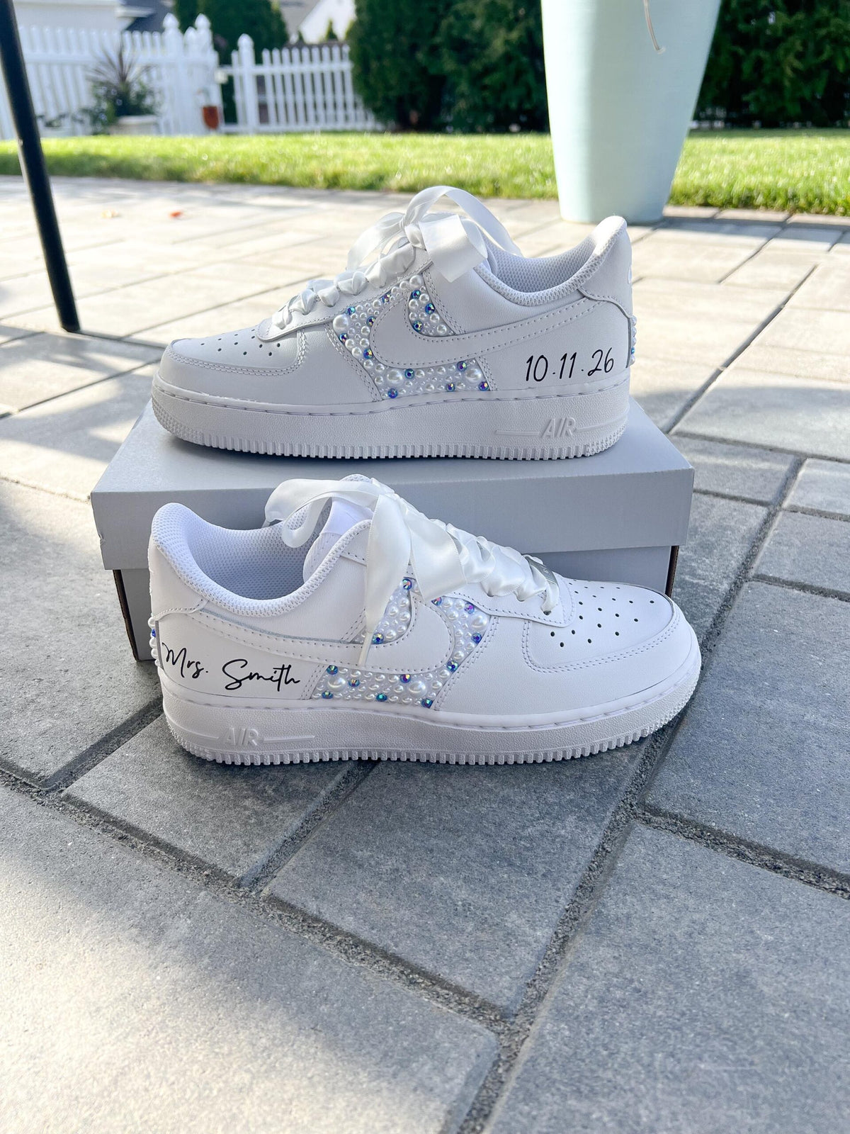 Personalized Bridal Air Force 1 Sneakers: AB saphire Rhinestone and Pearl Wedding Shoes