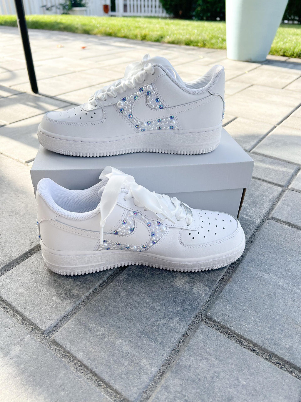 Personalized Bridal Air Force 1 Sneakers: AB saphire Rhinestone and Pearl Wedding Shoes