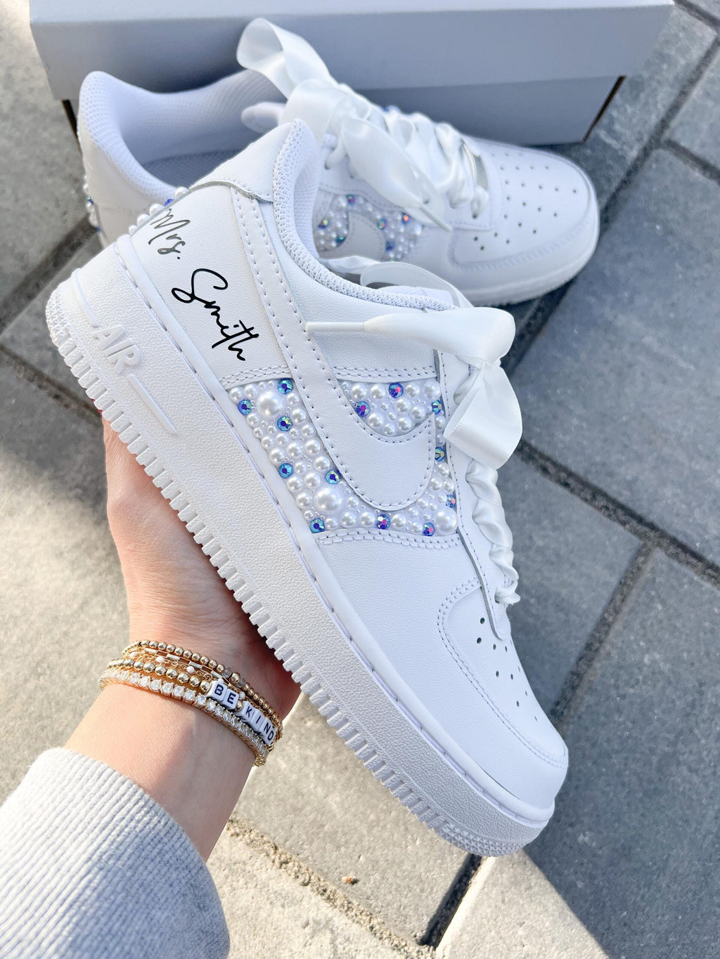 Personalized Bridal Air Force 1 Sneakers: AB saphire Rhinestone and Pearl Wedding Shoes