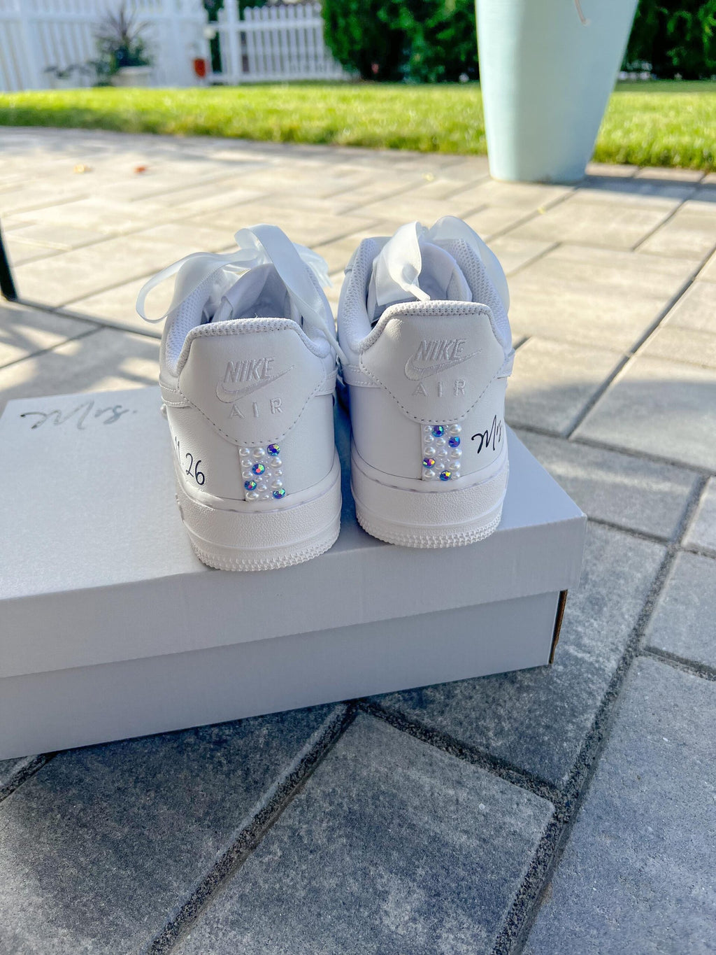 Personalized Bridal Air Force 1 Sneakers: AB saphire Rhinestone and Pearl Wedding Shoes