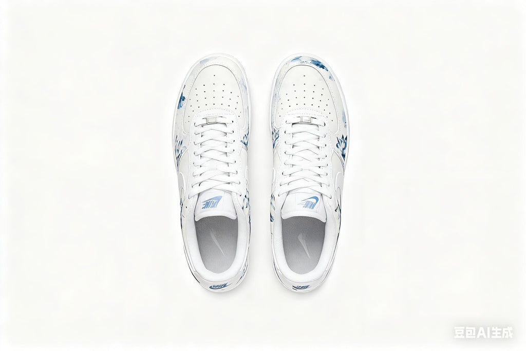 Custom Hand-Painted Nike Air Force 1 Shoes | Blue Lotus Watercolor | Oriental Lotus Pond AF1 Sneakers
