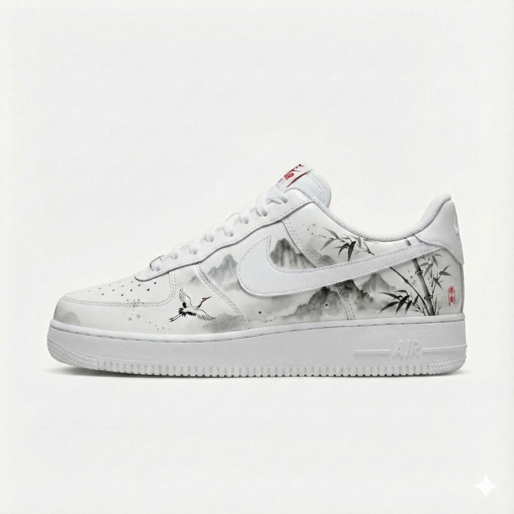 Custom Hand-Painted Nike Air Force 1 Shoes | Chinese Ink Wash | Oriental Zen Sneakers AF1