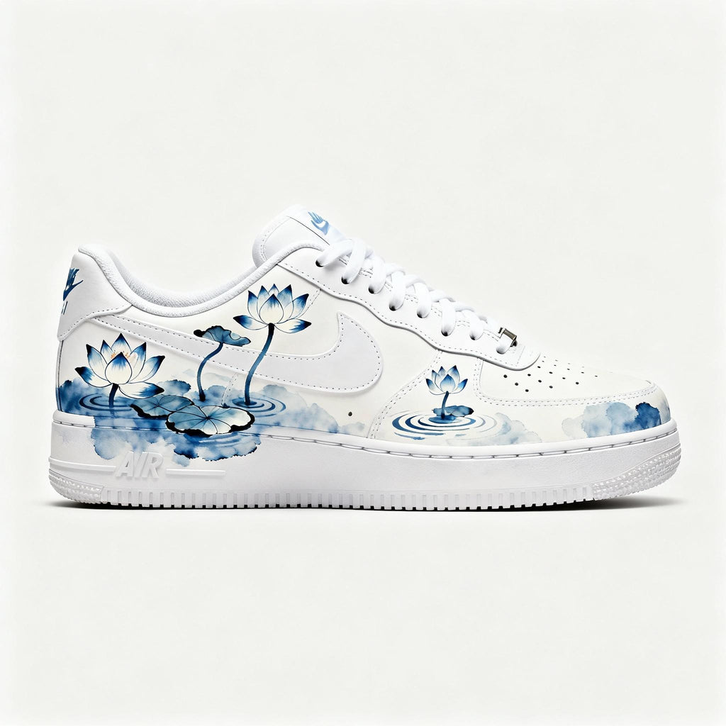 Custom Hand-Painted Nike Air Force 1 Shoes | Blue Lotus Watercolor | Oriental Lotus Pond AF1 Sneakers
